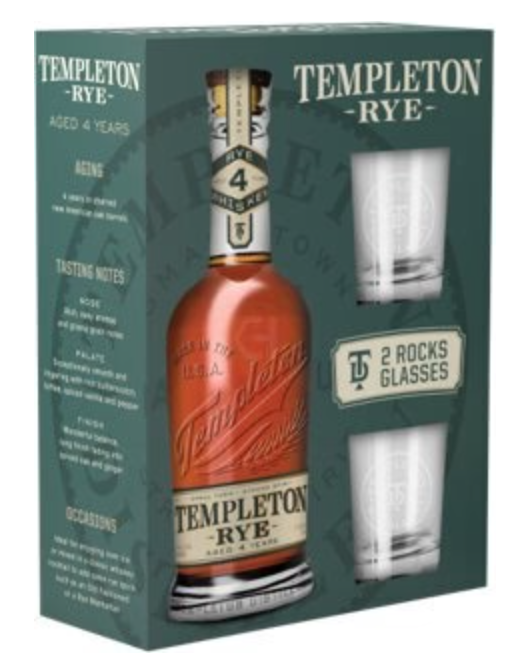 Templeton 4 Year Rye Whisky Gift Set with 2 Rock Glasses 750mL